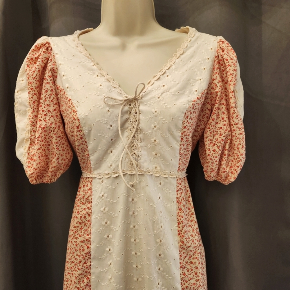 Vtg Princess Kailulani Pink Floral Print Puffed Sleeve Lace Up Front Midi Dress
